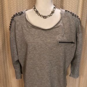 Fun distressed sweatshirt with rhinestone trim